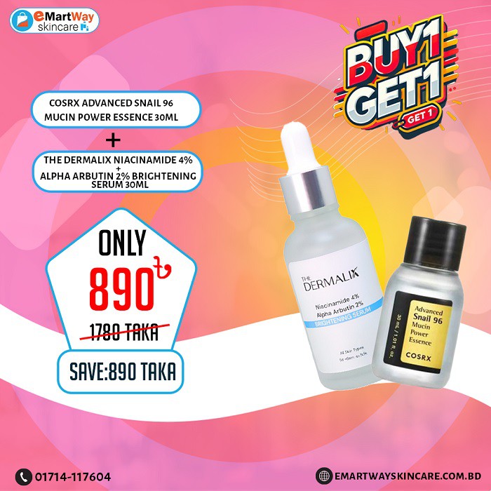 Buy 1 The Dermalix Niacinamide 4% + Alpha Arbutin 2% Brightening Serum 30ml Get 1 Cosrx Advanced Snail 96 Mucin Power Essence 30ml Free