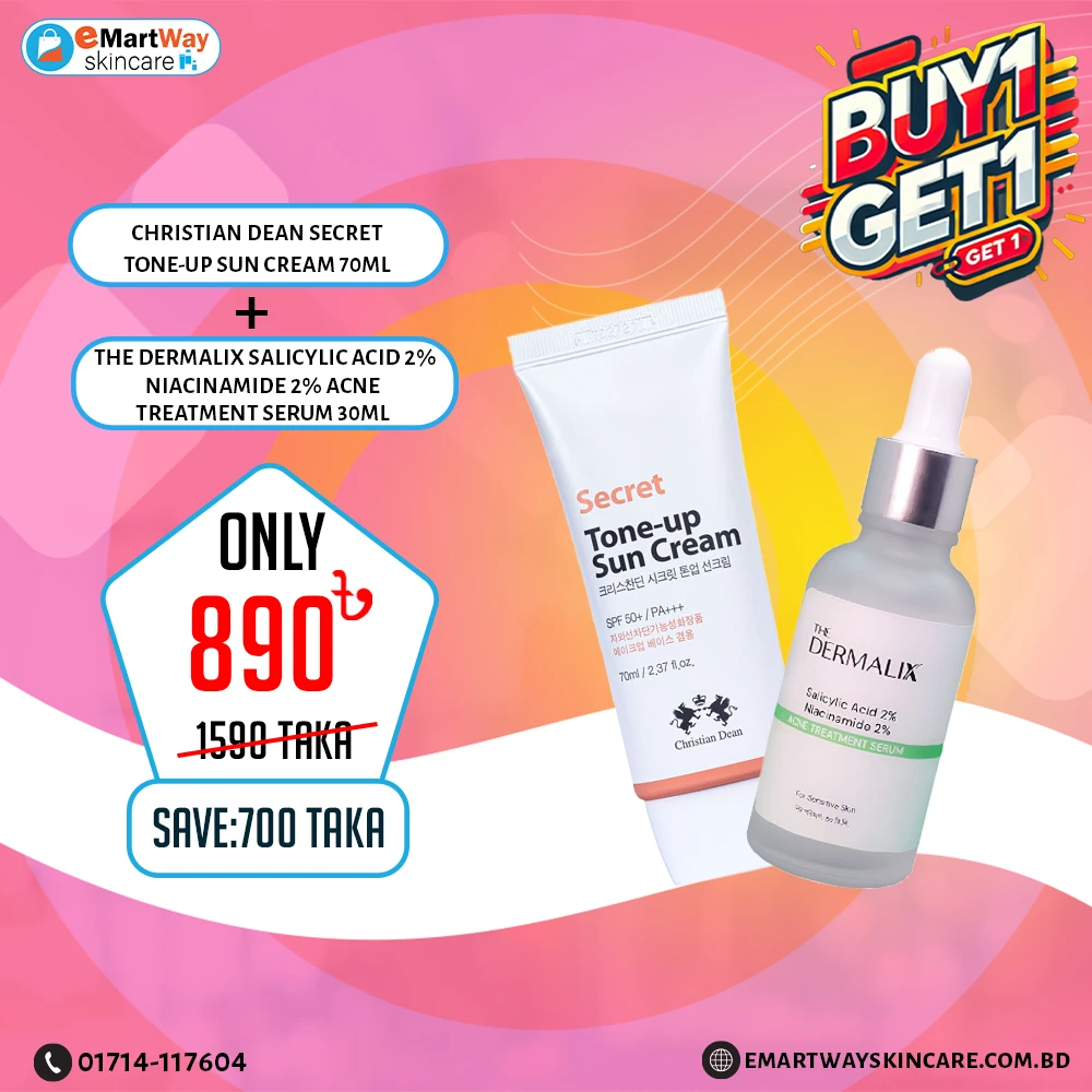 Buy 1 Get 1 (Buy The Dermalix Salicylic Acid 2% + Niacinamide 2% Acne Treatment Serum 30ml, Get Christian Dean Secret Tone-Up Sun Cream SPF50+ PA+++ 70ml)