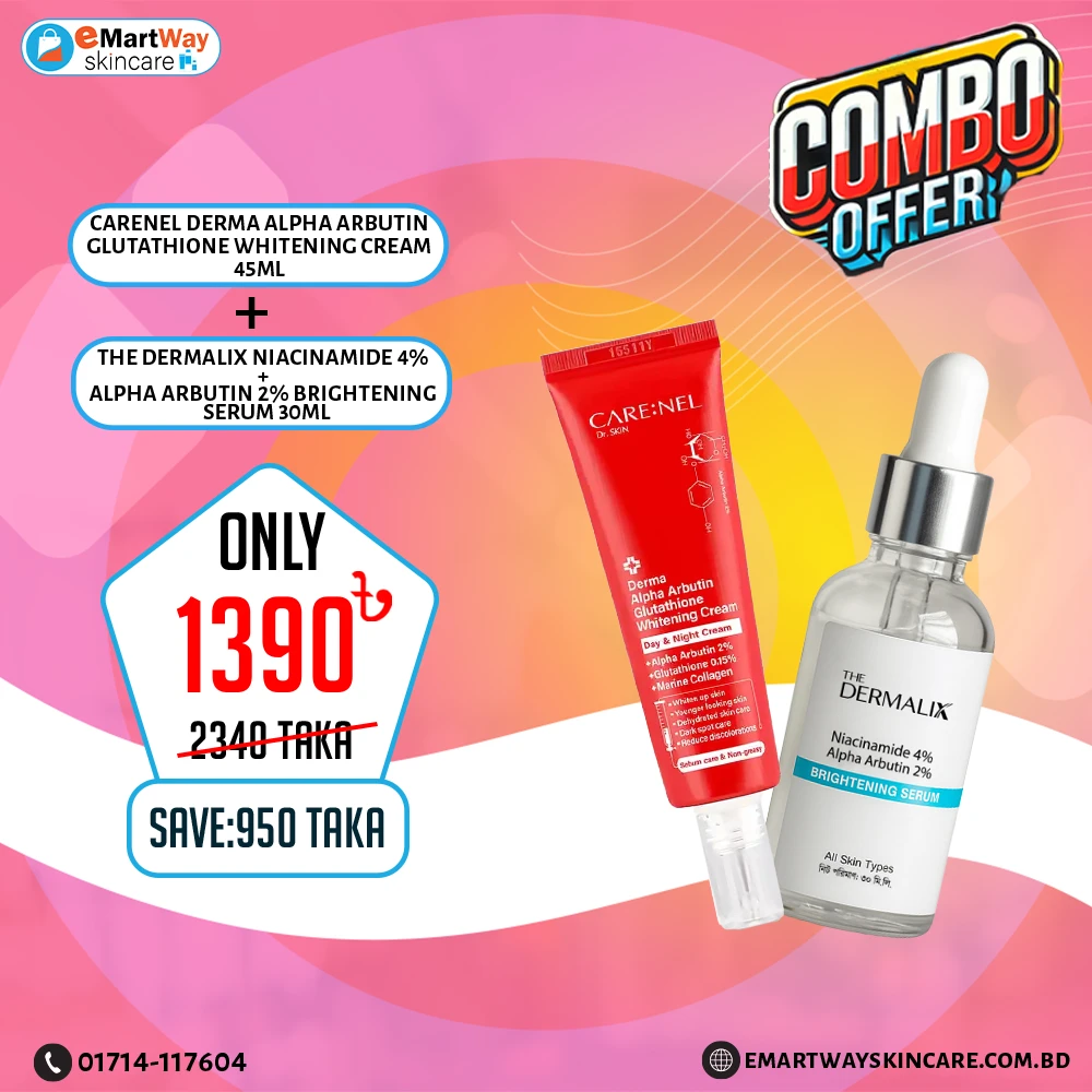 Combo 3 (Carenel Derma Alpha Arbutin Glutathione Whitening Cream 45ml & The  Dermalix Niacinamide 4% + Alpha Arbutin 2% Brightening Serum 30ml)